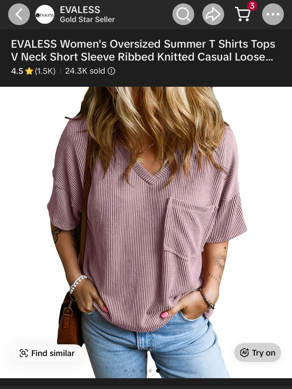 EVALESS Women's Oversized V-Neck Pocket Short Sleeve Top - Dusty Pink